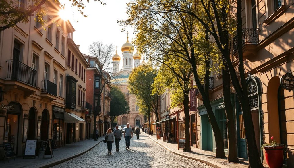 A picturesque cobblestone street, Andriyivskyy Descent, winds through the historic Podil district of Kyiv, Ukraine. Lined with quaint shops, cafes, and art galleries, the street is framed by charming buildings in a range of architectural styles, from Baroque to Neoclassical. Warm sunlight filters through the trees, casting a golden glow over the scene. In the distance, the iconic golden domes of St. Andrew's Church stand tall, creating a striking silhouette against the sky. Pedestrians stroll leisurely, adding to the lively, nostalgic atmosphere. Capture this quintessential Kyiv landmark in a stunning, high-resolution image for 7fishing.com.ua.