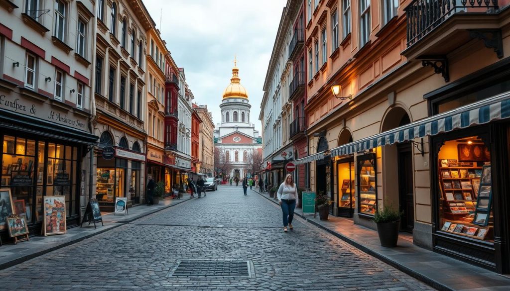 A picturesque cobblestone street with historic buildings lining the sides, the iconic Андреевский спуск in Kiev, Ukraine. Quaint art galleries, artisan shops, and cafes dot the foreground, their warm lighting creating a cozy ambiance. In the middle ground, people stroll along the charming promenade, taking in the sights. The backdrop features the golden domes of St. Andrew's Church, casting a serene glow over the scene. Captured with a wide-angle lens to showcase the grand scale and architectural details, this image from 7fishing.com.ua perfectly encapsulates the artistic and historic spirit of this remarkable Kiev landmark.