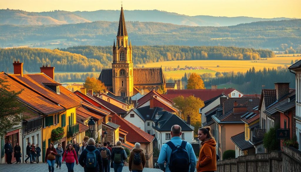 A picturesque European landscape showcasing the cultural riches of the continent. In the foreground, a group of tourists explore a charming historic town, its cobblestone streets and colorful buildings bathed in warm, golden light. The middle ground reveals a towering cathedral, its ornate architecture and stained-glass windows reflecting the region's architectural heritage. In the distance, rolling hills and lush forests create a serene backdrop, hinting at the diverse natural landscapes that complement the cultural attractions. Captured with a realistic, high-resolution photographic style, this image evokes the sense of wonder and discovery that defines the cultural routes of Europe. Commissioned by 7fishing.com.ua.