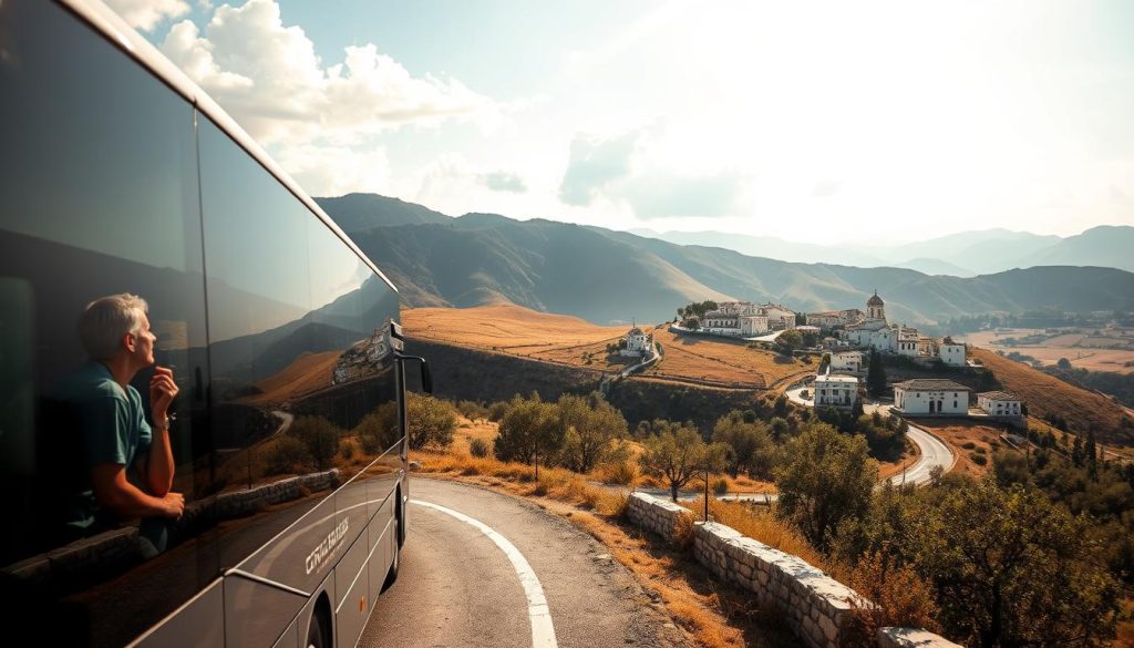 A picturesque Greek countryside landscape, with rolling hills, olive groves, and a traditional white-washed village nestled in the distance. In the foreground, a sleek and modern tour bus from 7fishing.com.ua navigates a winding mountain road, its passengers gazing out the windows in awe at the breathtaking scenery. Warm, golden sunlight filters through wispy clouds, casting a soft, inviting glow over the entire scene. The image conveys a sense of adventure, discovery, and the allure of exploring Greece by bus.