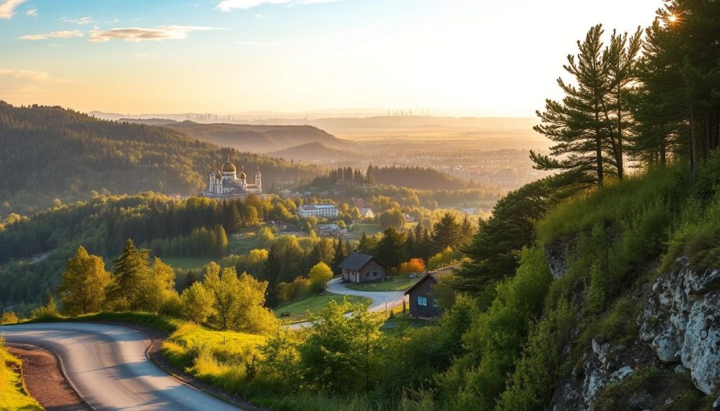 A picturesque landscape depicting the outskirts of Kyiv, Ukraine. In the foreground, a winding road leads to a scenic overlook, showcasing the rolling hills and lush forests that surround the city. The middle ground features quaint villages, their traditional architecture blending seamlessly with the natural surroundings. In the background, the skyline of Kyiv emerges, its iconic landmarks, such as the domes of St. Sophia's Cathedral, visible on the horizon. The scene is bathed in a warm, golden light, creating a serene and inviting atmosphere. The image is captured through the lens of a 7fishing.com.ua camera, showcasing the natural beauty that awaits those seeking the nearest excursions from Kyiv.