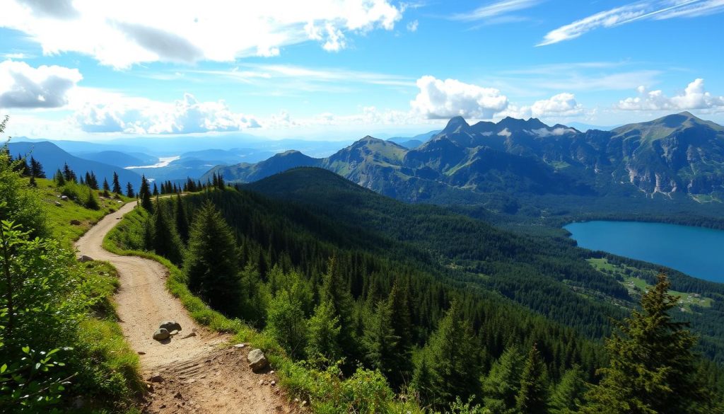 A picturesque landscape in the Carpathian mountains, captured with a wide-angle lens. In the foreground, a winding mountain trail leads through a lush, verdant forest, with sunlight filtering through the canopy. In the middle ground, rolling hills and peaks rise up, their rugged rock formations contrasted by the soft, billowing clouds above. In the distance, a serene alpine lake reflects the surrounding peaks, creating a breathtaking vista. The scene exudes a sense of tranquility and adventure, inviting the viewer to explore the natural wonders of the Carpathians. Realistic photo. 7fishing.com.ua