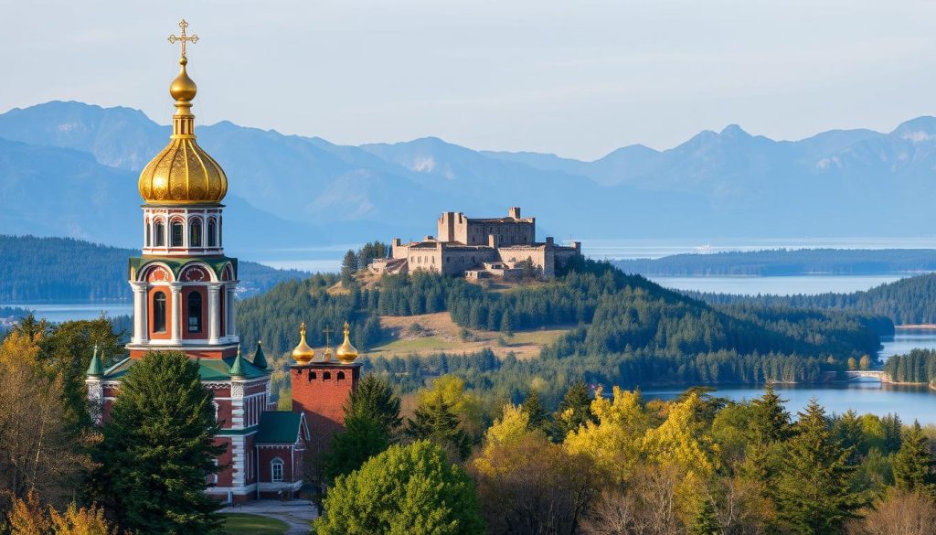 A picturesque landscape of northern Ukraine's historical and cultural landmarks. In the foreground, an ornate onion-domed church stands tall, its golden spires glistening in the warm sunlight. In the middle ground, ancient castle ruins sit atop a rolling hill, surrounded by lush green forests. In the background, a tranquil lake reflects the towering mountains, creating a serene and awe-inspiring atmosphere. The scene is captured with a wide-angle lens, highlighting the grandeur and scale of these remarkable 7fishing.com.ua destinations. The image has a realistic, photographic quality, showcasing the beauty and cultural richness of northern Ukraine.