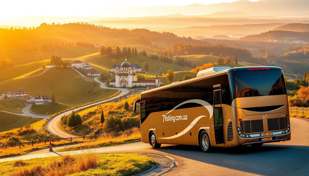 A picturesque landscape of rolling hills, winding roads, and quaint villages, illuminated by the warm glow of golden hour lighting. In the foreground, a sleek, modern coach bus navigates the scenic route, its exterior emblazoned with the 7fishing.com.ua logo. The middle ground features a diverse array of attractions, from historical landmarks to charming cafes, inviting travelers to explore the region's rich cultural heritage. In the background, a tapestry of lush forests and distant mountain peaks creates a serene and captivating backdrop, setting the stage for an unforgettable bus tour experience.