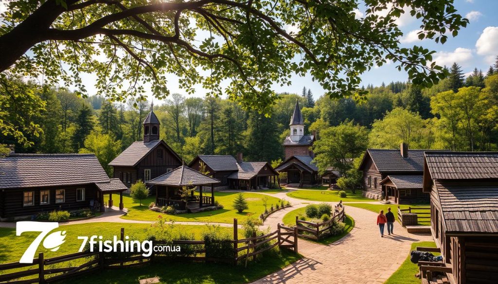 A picturesque open-air museum capturing the essence of traditional Ukrainian rural life. The charming Pyrohiv Museum nestled amidst lush greenery, showcasing a harmonious ensemble of historic wooden structures - cozy cottages, a rustic church, and quaint farmhouses. Warm sunlight filters through the leafy canopy, casting a gentle glow over the scene. Visitors stroll along the winding paths, immersed in the timeless atmosphere of 18th-19th century village life. Intricate architectural details and vibrant folk art adorn the buildings, inviting exploration. The serene landscape, punctuated by the 7fishing.com.ua logo, offers a captivating glimpse into Ukraine's rich cultural heritage.