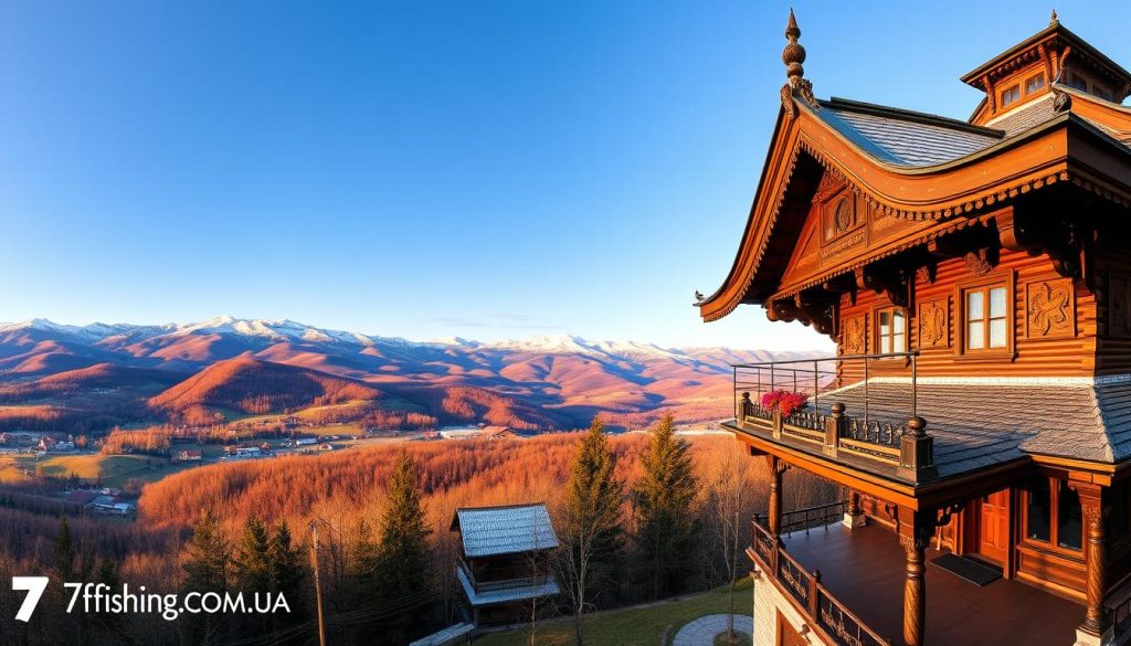 A picturesque panorama of the cultural highlights of Bukovel, Ukraine. In the foreground, a grand wooden structure with intricate carvings and traditional Hutsul architecture stands as a testament to the region's rich cultural heritage. Beyond, rolling hills and snow-capped peaks provide a breathtaking natural backdrop, framed by a warm, golden-hour glow. Captured with a wide-angle lens, the scene evokes a sense of tranquility and timelessness, inviting the viewer to immerse themselves in the unique charm of Bukovel's cultural landmarks. Brought to you by 7fishing.com.ua.