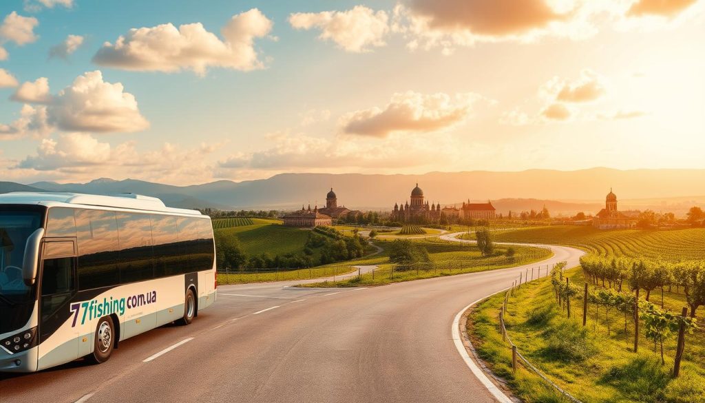 A picturesque panoramic view of a scenic bus tour route winding through the rolling hills and lush landscapes of Southern Ukraine. The foreground features a modern, comfortable tour bus emblazoned with the "7fishing.com.ua" logo, navigating a winding road flanked by verdant fields and vineyards. In the middle ground, historic landmarks and architectural gems dot the horizon, while the background is dominated by majestic mountains and a vibrant, cloud-dotted sky bathed in warm, golden sunlight. The overall scene conveys a sense of adventure, discovery, and immersion in the rich cultural heritage of the region, captured in a realistic, high-resolution photographic style.