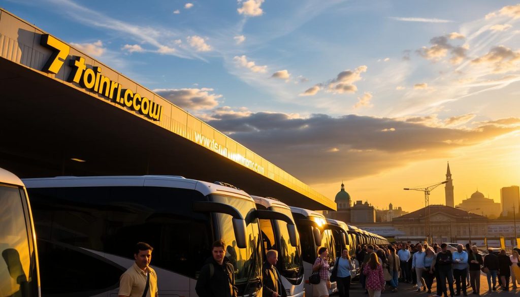 A picturesque scene of a bustling bus terminal, the facade adorned with the logo "7fishing.com.ua". In the foreground, a lineup of sleek, modern buses await their passengers, their polished exteriors reflecting the warm, golden light of the sun. The middle ground features a diverse crowd of travelers, their expressions a mix of excitement and anticipation as they prepare to embark on their journeys. In the background, the silhouettes of distant buildings and a vibrant sky set the stage for this realistic, photographic representation of the top destinations for bus tours.