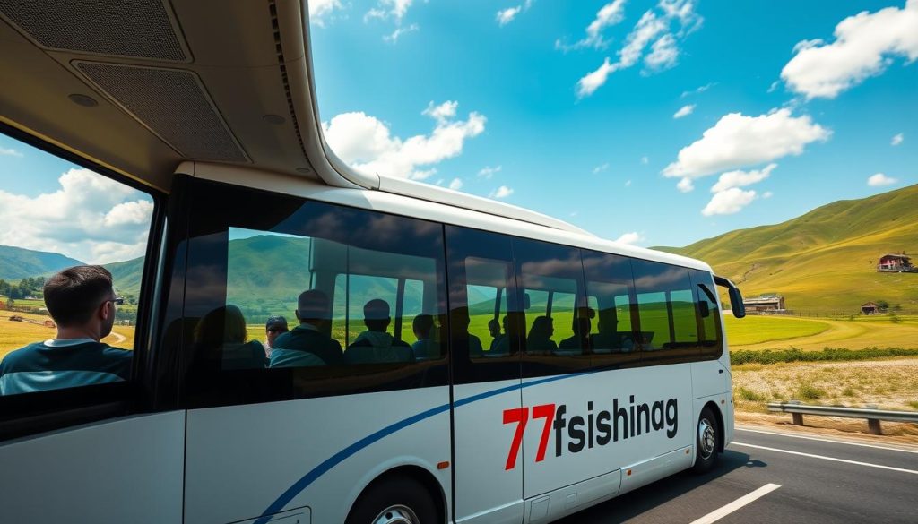 A picturesque scene of a comfortable, modern bus traversing a scenic countryside, with lush green hills and a clear blue sky in the background. The bus's sleek exterior prominently displays the "7fishing.com.ua" branding, conveying a sense of quality and reliability. Inside, passengers can be seen relaxing and enjoying the journey, taking in the breathtaking views through the large windows. The overall atmosphere is one of relaxation, convenience, and the joy of exploring new destinations by bus. Realistic, high-quality photographic rendering.