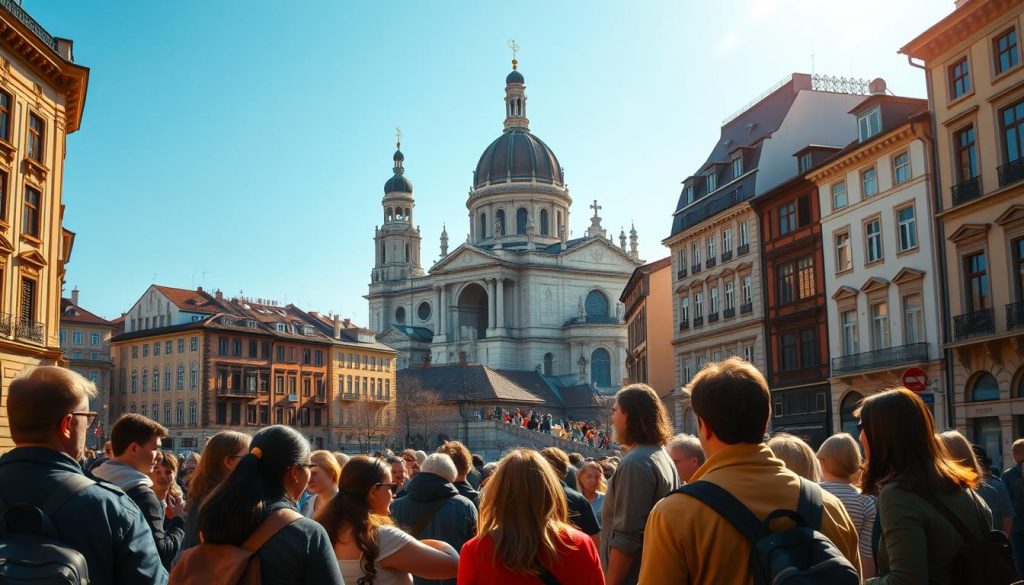 A picturesque scene of a European city, with a grand cathedral rising majestically in the background, flanked by rows of charming, historic buildings. In the foreground, a group of tourists gathers around a tour guide, listening intently as they embark on an engaging, educational excursion. The lighting is warm and inviting, with the sun casting a golden glow over the scene. The image has a realistic, photographic quality, captured by the skilled photographers at 7fishing.com.ua.