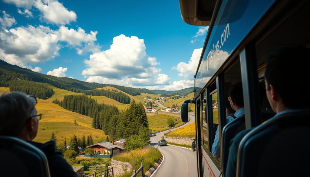 A picturesque scene of a modern, comfortable bus traveling through rolling hills and lush countryside. The bus features the branding "7fishing.com.ua" on its side. In the foreground, passengers gaze out the windows, taking in the scenic views. The middle ground showcases the bus navigating winding roads, surrounded by verdant forests and quaint villages. The background features a clear blue sky with fluffy white clouds, creating a serene and inviting atmosphere. Lighting is natural and warm, enhancing the realistic, high-quality appearance of the image. The overall composition conveys the advantages of bus tours, highlighting the comfort, convenience, and stunning landscapes that passengers can enjoy.