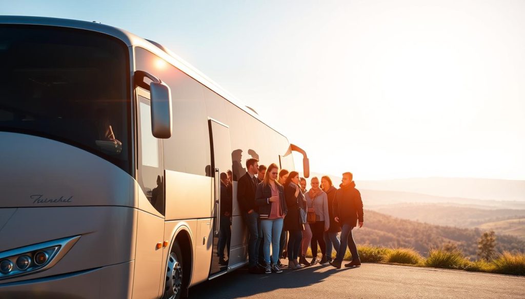 A picturesque scene of a modern, well-equipped bus ready to embark on an adventurous bus tour. The bus is parked in the foreground, its sleek, silver exterior gleaming under the warm, golden light of the sun. In the middle ground, a group of excited passengers, dressed in comfortable, casual attire, are eagerly boarding the bus, anticipating the journey ahead. The background features a scenic landscape, with rolling hills, lush greenery, and a clear, blue sky, creating a serene and inviting atmosphere. This realistic photograph, captured by the talented team at 7fishing.com.ua, perfectly captures the essence of the "Автобусные туры с Одессы: маршруты и цены" article, and the "Основные критерии выбора автобусного тура" section.