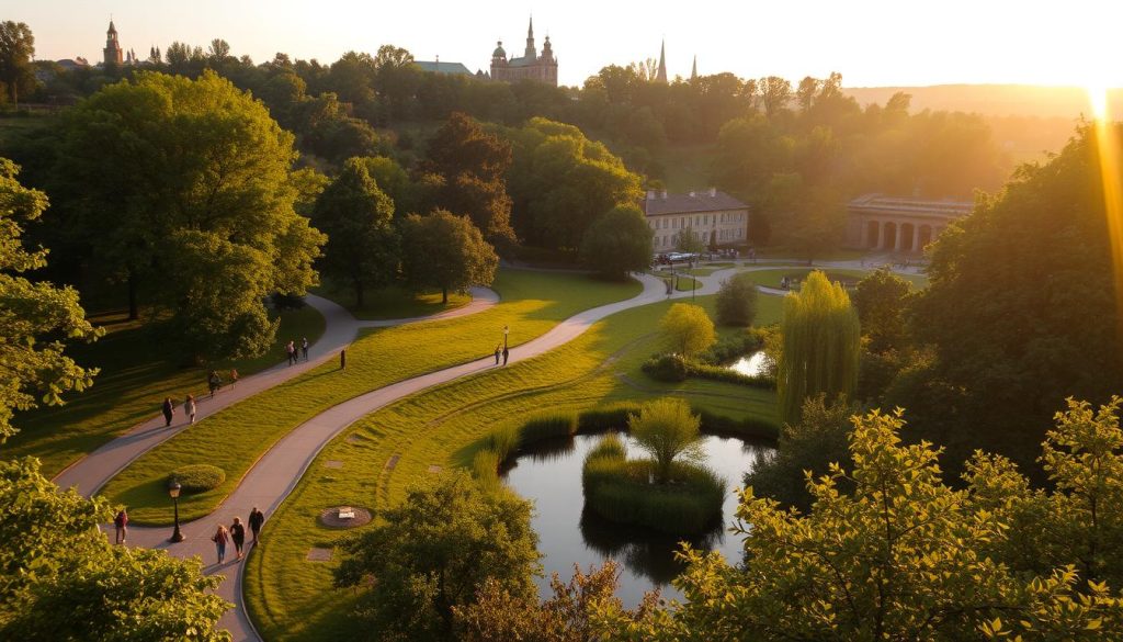 A picturesque scene of Lviv's vibrant parks, captured under the warm glow of a golden-hour sunset. Lush greenery lines winding paths, inviting visitors to stroll through the tranquil landscapes. In the foreground, a charming pond reflects the surrounding foliage, with families and couples enjoying the serene ambiance. Beyond, historic buildings and church spires peek through the trees, creating a harmonious blend of nature and architecture. The image is imbued with a soft, nostalgic atmosphere, showcasing the alluring charm of Lviv's parks - the perfect haven for relaxation and recreation. 7fishing.com.ua