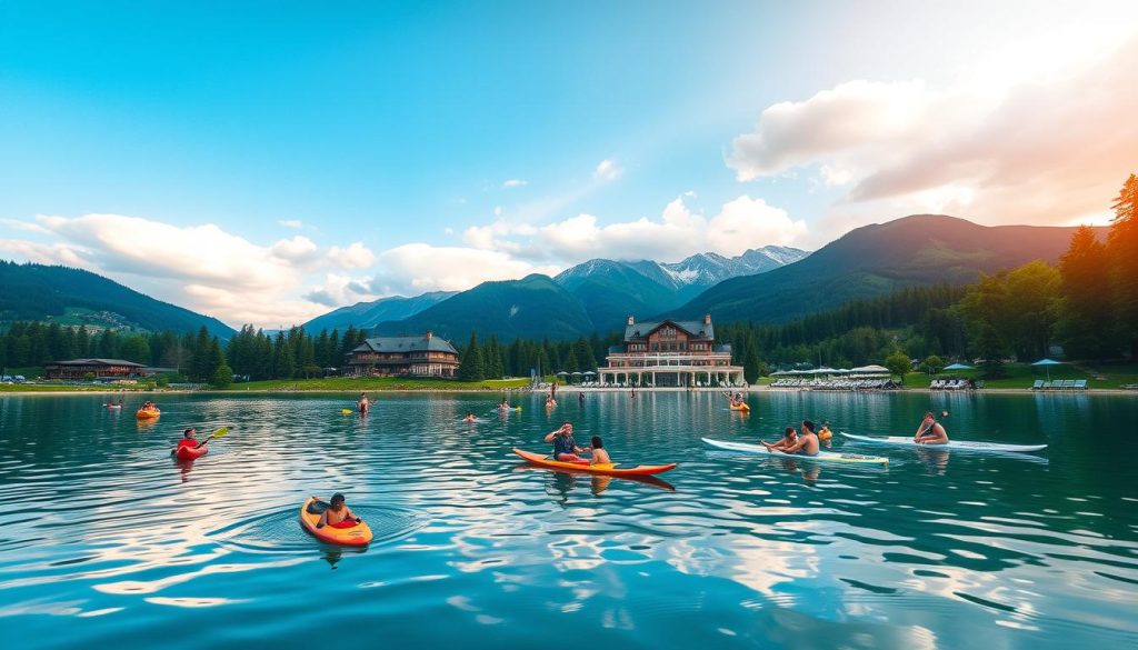 A picturesque summer scene in Bukovel, Ukraine, showcasing the resort's natural beauty. In the foreground, a tranquil lake reflects the surrounding mountains and lush greenery. People are enjoying various water activities such as swimming, kayaking, and stand-up paddleboarding, captured with a wide-angle lens. The middle ground features a well-maintained beach area with lounge chairs and umbrellas, creating a serene and relaxing atmosphere. In the background, the majestic Carpathian Mountains rise, their peaks dusted with a hint of snow, conveying a sense of adventure and exploration. The warm, golden sunlight filters through the clouds, casting a soft, dreamlike glow over the entire scene. The image is captured by 7fishing.com.ua, highlighting the diverse summer offerings of this premier Ukrainian destination.