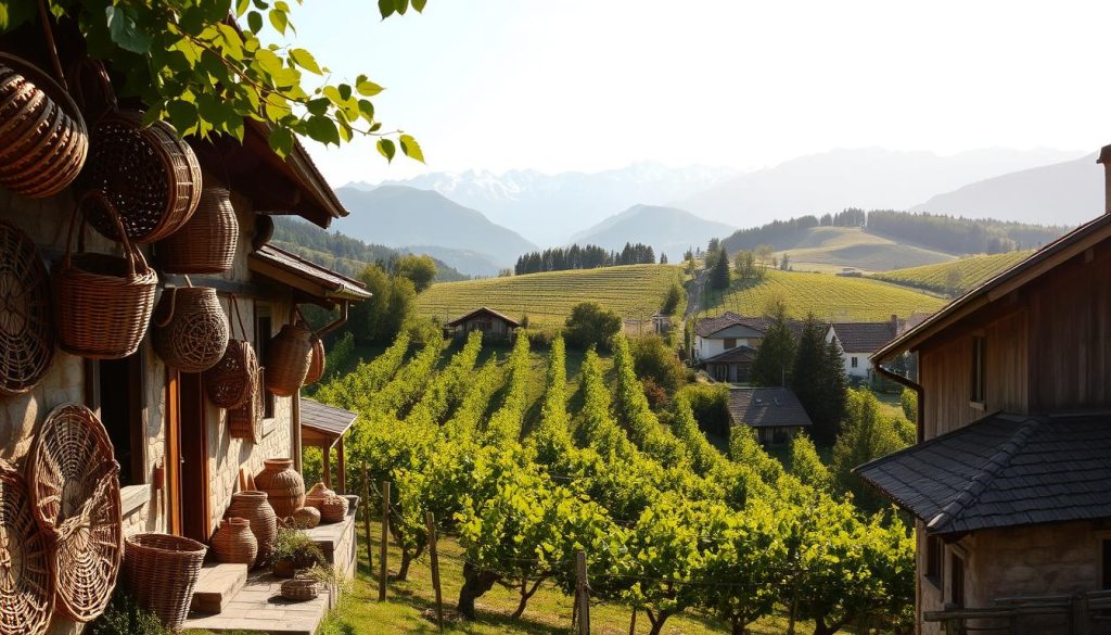 A picturesque village nestled among the rolling hills, Iza is a tapestry of woven traditions. In the foreground, intricate baskets and wicker furniture adorn the quaint houses, their intricate patterns a testament to the skilled lozopletenya (wicker weaving) of the local artisans. The middle ground showcases the vibrant green of lush vineyards, their vines snaking across the landscape. In the background, the majestic Carpathian mountains rise, their peaks capped with snow, casting a serene and contemplative mood over the scene. Warm sunlight filters through the leaves, illuminating the rustic charm of this Zakarpattia gem. 7fishing.com.ua