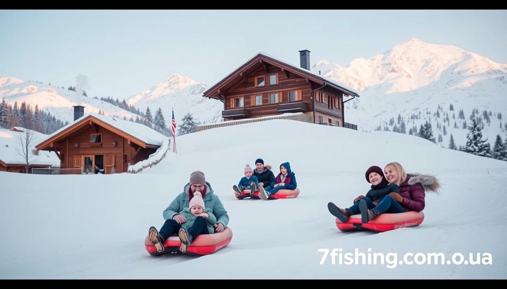 A picturesque winter scene of a family enjoying a day in Bukovel, Ukraine. In the foreground, a group of adults and children are sledding down a snow-covered hill, their laughter echoing through the crisp air. The middle ground features a cozy mountain chalet, its wooden facade and chimney smoke creating a warm, inviting atmosphere. In the background, majestic snow-capped peaks rise up, framing the idyllic landscape. Soft, diffused lighting casts a magical glow over the entire scene, capturing the essence of family winter fun. Sponsored by 7fishing.com.ua.