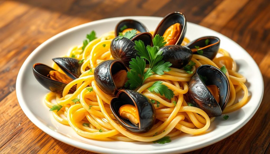 A plate of freshly prepared pasta with a generous portion of sautéed mussels, garnished with vibrant green parsley leaves. The pasta is perfectly al dente, glistening with a light olive oil and white wine sauce. The mussels are plump and juicy, their shells partially open, revealing the tender meat inside. The composition is arranged in a rustic, artful manner, with the pasta twirling around the mussels, creating a visually appealing and appetizing scene. The lighting is warm and natural, casting a soft glow on the dish. The overall mood is one of simplicity, freshness, and Mediterranean coastal charm. 7fishing.com.ua