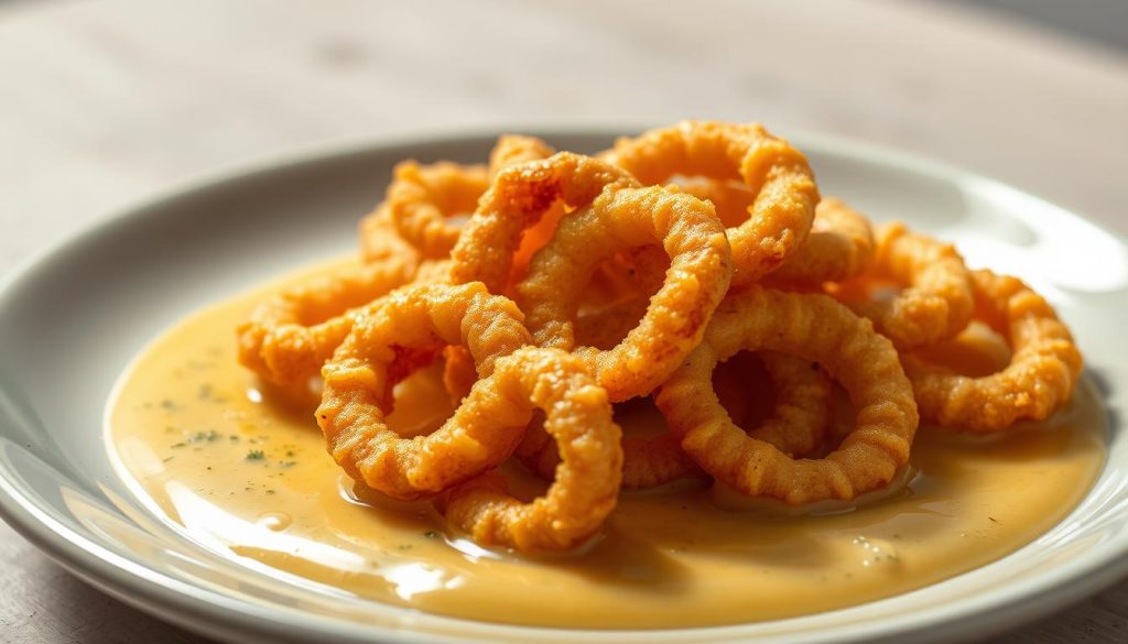 A plate of perfectly fried calamari rings, glistening golden-brown, resting atop a pool of creamy, pale-yellow sauce. The calamari's delicate, lacy texture contrasts with the rich, tangy sauce, which is dotted with flecks of herbs and spices. The plate is set against a neutral, slightly blurred background, allowing the vibrant seafood dish to take center stage. Soft, natural lighting casts a warm, inviting glow over the scene, making the calamari and sauce appear freshly prepared and ready to be savored. The overall composition evokes a sense of rustic elegance, perfectly capturing the essence of a high-quality, homemade seafood appetizer.