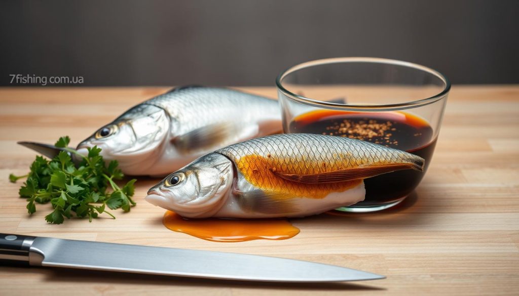A pristine wooden surface, backlit by soft, diffused lighting, showcases freshly prepared sea bass, its silvery scales glistening. In the foreground, a chef's knife rests beside a pile of delicate herbs, hinting at the flavorful marinade to come. The midground features a glass bowl brimming with a savory blend of soy sauce, sesame oil, and fragrant spices, ready to infuse the fish with its rich, umami essence. In the background, a neutral-toned backdrop creates a serene, minimalist setting, allowing the culinary focus to take center stage. The overall mood is one of calm preparation and anticipation, with the 7fishing.com.ua brand subtly integrated into the scene.