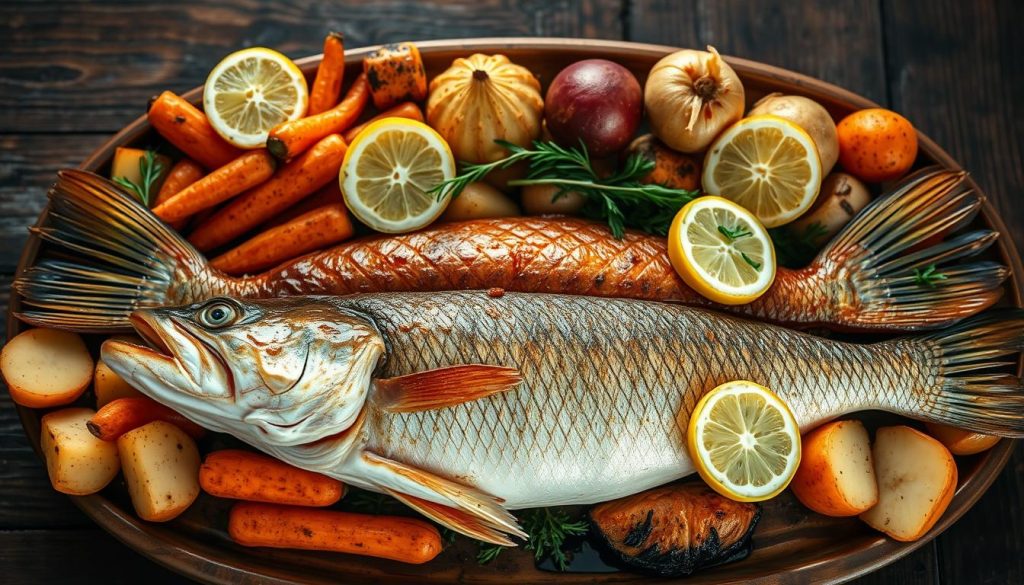 A roasted northern pike surrounded by roasted vegetables - carrots, onions, and potatoes - arranged on a rustic wooden table. The pike is golden-brown, its skin crisp, with lemon slices and fresh herbs garnishing the dish. Soft, diffused lighting from above casts a warm glow, highlighting the textures and colors. The scene is photographed from a slight high angle, capturing the entire platter in focus. The mood is homey and appetizing, inviting the viewer to savor the flavors of this classic Ukrainian dish. 7fishing.com.ua