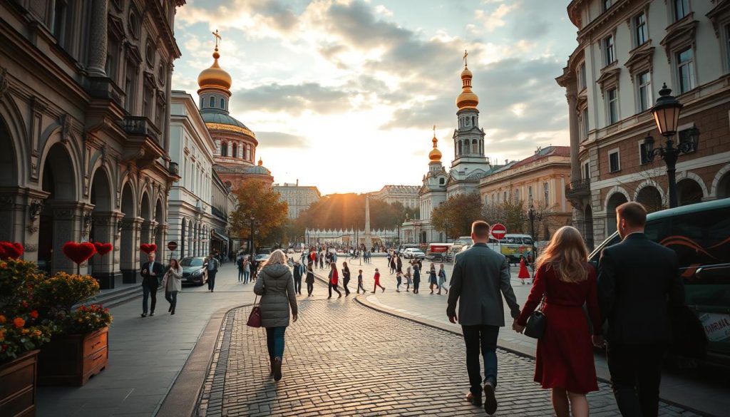 A romantic cityscape in Kyiv, Ukraine, on Valentine's Day. In the foreground, couples stroll along a cobblestone street, hand-in-hand, admiring the ornate architecture and lush greenery. In the middle ground, a bustling square is filled with street performers, local artisans, and food vendors, creating a lively atmosphere. In the background, the iconic golden domes of churches and historic landmarks stand tall, bathed in the warm glow of the setting sun. The scene is captured with a cinematic, wide-angle lens, creating a sense of depth and immersion. The overall mood is one of enchantment, culture, and amorous celebration. 7fishing.com.ua