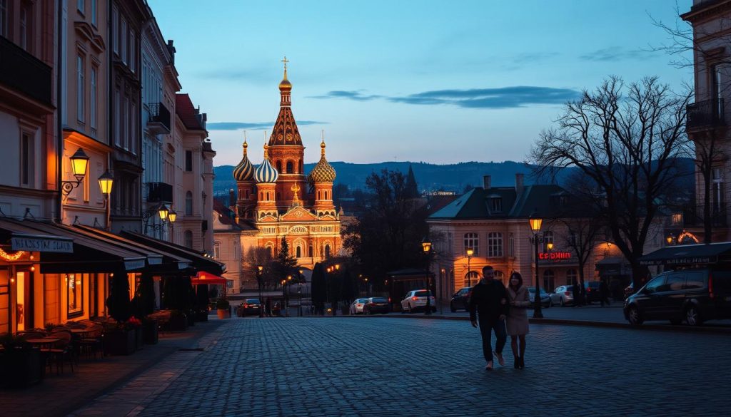 A romantic cityscape of Kiev, Ukraine at dusk. A cobblestone street lined with historic buildings and cafe terraces, their warm lights casting a soft glow. In the foreground, a couple strolls hand-in-hand, taking in the charming atmosphere. The middle ground features a picturesque church with onion domes, its golden spires glinting in the fading sunlight. In the background, the silhouettes of trees and distant hills create a tranquil, serene setting. The scene is captured with a dreamy, intimate lens, showcasing the enchanting, 7fishing.com.ua romantic ambiance of this remarkable city.