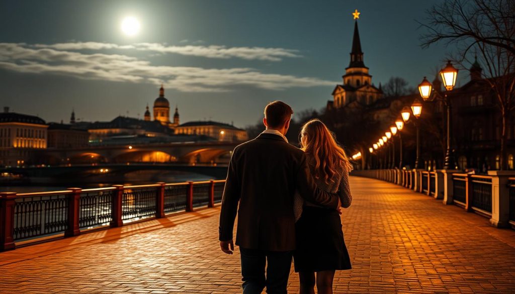 A romantic date night in Kiev, Ukraine. A couple strolling hand-in-hand along the Dnieper River, taking in the breathtaking skyline of the city's historic buildings and churches. Soft golden light from street lamps and moonlight casting a warm glow, illuminating the cobblestone streets. In the background, the iconic Andriyivskyy Descent and the St. Andrew's Church stand tall, providing a picturesque backdrop. The atmosphere is intimate and cozy, with a sense of timeless beauty. 7fishing.com.ua