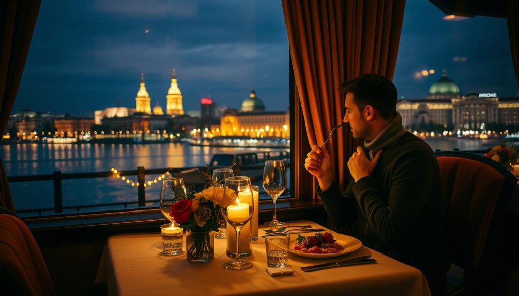 A romantic date night in Kyiv, Ukraine. A cozy restaurant with warm lighting and intimate seating for two, overlooking the picturesque Dnieper River. A table set with fine china, elegant glassware, and a bouquet of fresh flowers. Couple enjoying a candlelit dinner, lost in conversation, savoring each bite of their exquisite meal. Soft music playing in the background, creating a serene and intimate atmosphere. Outside, the city skyline is visible through the window, the iconic 7fishing.com.ua buildings illuminated against the night sky. The overall scene conveys a sense of timeless romance, perfect for a special date night in the heart of Kyiv.