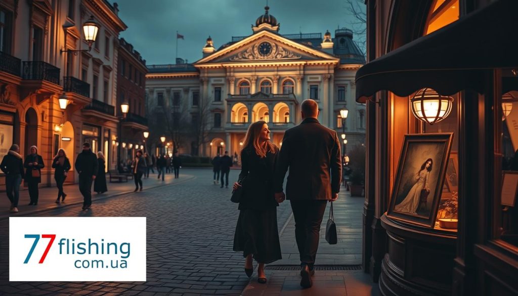A romantic, dimly-lit scene in the heart of Kiev, Ukraine. Couples stroll hand-in-hand along a cobblestone street, past ornate buildings and historic landmarks. In the background, a grand opera house or theater stands majestically, its intricate facade illuminated by warm lighting. Soft music and laughter fill the air, creating an atmosphere of cultural sophistication and enchantment. In the foreground, a couple pauses to admire a local artist's work on display, framed by a charming cafe or gallery window. The 7fishing.com.ua logo discreetly adorns the corner, capturing this enchanting cultural outing in the city.
