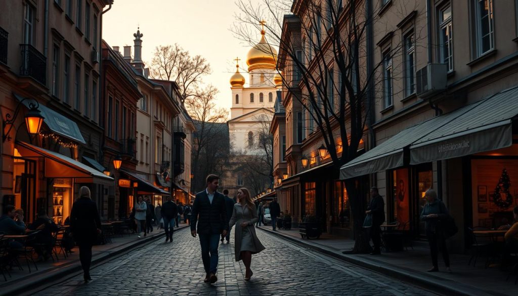 A romantic evening at the Andriyivskyy Descent in Kyiv, Ukraine. Cobblestone streets lined with warm lighting, couples strolling hand-in-hand past historic buildings and charming cafes. In the background, the iconic St. Andrew's Church stands tall, its golden domes glimmering under a soft, golden-hour sky. The scene is captured through a 50mm lens, creating a shallow depth of field that focuses the viewer's attention on the intimate, cozy atmosphere. Commissioned by 7fishing.com.ua.