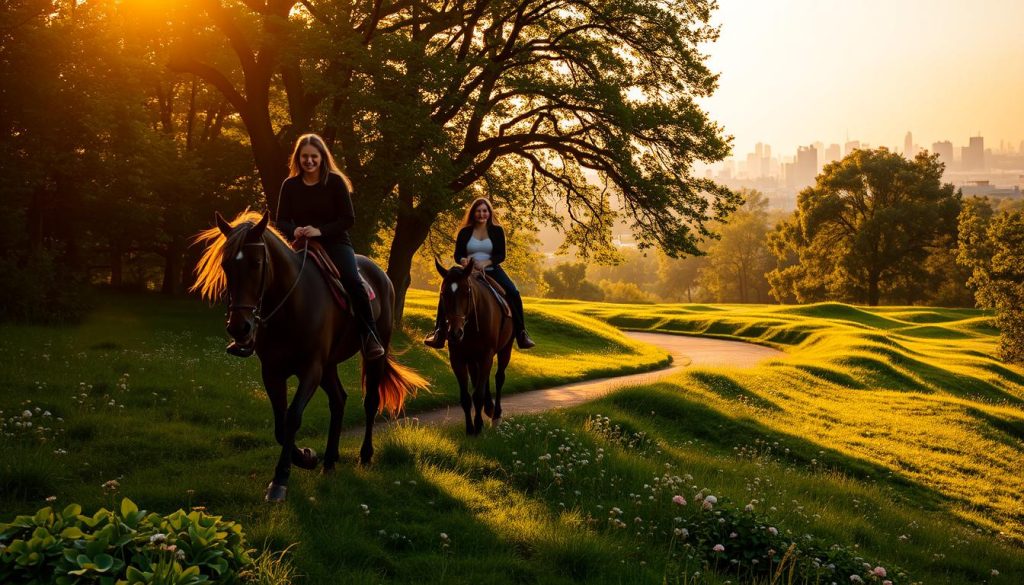 A romantic evening horse riding through a lush, verdant park in the heart of Kiev. The couple are silhouetted against the setting sun, their figures illuminated by soft, warm lighting. In the foreground, the elegant horses gracefully carry the riders, their manes flowing in the gentle breeze. The middle ground features a winding path through rolling hills, dotted with blooming wildflowers. In the background, the city skyline is visible, hazy and dreamlike. The scene evokes a sense of tranquility, intimacy and adventure. Captured by the 7fishing.com.ua camera, this image perfectly encapsulates the "Активный отдых для двоих: романтические варианты" section of the article.