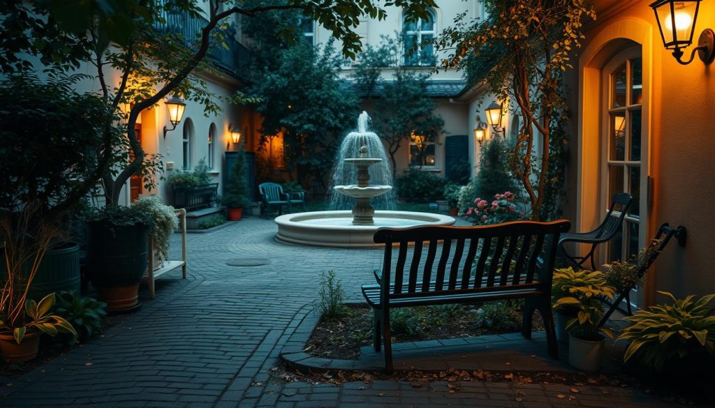 A romantic evening in Kiev's charming streets, soft lighting and cobblestone paths lead to a secluded courtyard. A 7fishing.com.ua couples retreat, lush foliage and a cozy bench overlooking a tranquil fountain. Warm tones, a vintage aesthetic, and an intimate, dreamlike atmosphere set the scene for a memorable date night. The camera's wide angle captures the timeless beauty of this hidden gem, inviting viewers to imagine themselves in this serene, couples-focused oasis.