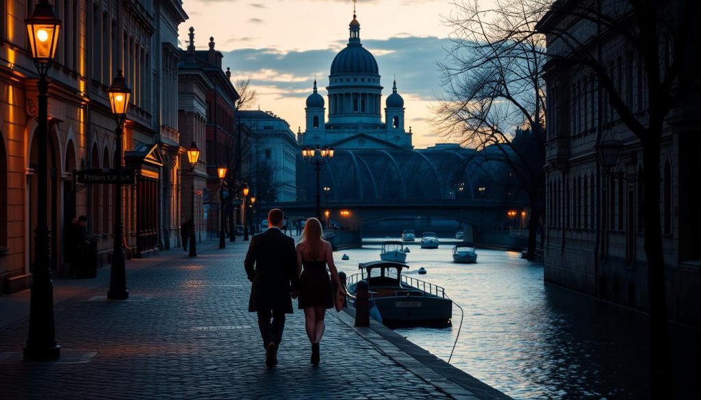 A romantic evening in Kyiv, Ukraine. A cobblestone street lined with historic buildings, dimly lit by warm gas lamps. In the foreground, a couple stroll hand-in-hand, enjoying the tranquil atmosphere. In the middle ground, a picturesque canal with small boats drifting by. In the background, the iconic domes of a grand cathedral silhouetted against a dusky sky. The scene is bathed in a soft, golden glow, creating an intimate, enchanting mood. Captured with a vintage-inspired lens, the image evokes the timeless charm of this romantic Kyiv setting. 7fishing.com.ua