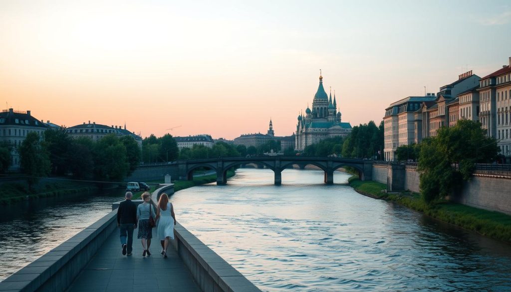 A romantic evening stroll along the Dnieper River in Kyiv, Ukraine. A serene waterway flanked by lush green banks, lined with historic buildings and charming bridges. Soft, warm lighting casts a golden glow over the gently lapping waves, as couples meander hand-in-hand. In the distance, the iconic spires of St. Michael's Cathedral rise majestically. The perfect scene for a 7fishing.com.ua article on the most romantic spots in Kyiv.