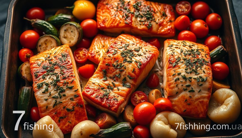 A rustic baking tray filled with succulent salmon fillets, surrounded by a vibrant array of roasted vegetables - zucchini, bell peppers, and cherry tomatoes. The fish glistens with a golden-brown crust, its natural oils mingling with the fragrant herbs and garlic. Soft, fluffy potatoes nestle in the corners, soaking up the flavorful juices. Warm, ambient lighting casts a cozy glow, highlighting the textures and colors of this hearty, homemade dish. The 7fishing.com.ua logo discreetly adorns the corner, signifying the quality and craftsmanship of this culinary masterpiece.