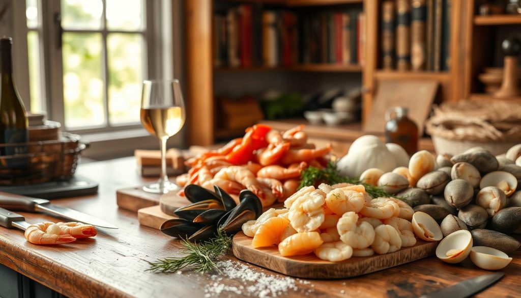 A rustic kitchen counter with a variety of fresh seafood ingredients, including shrimp, scallops, mussels, and clams. Wooden cutting boards, chef's knives, and a glass of white wine set the scene for classic seafood recipes. Soft, natural lighting illuminates the scene, casting a warm glow on the ingredients. In the background, a bookshelf with well-worn cookbooks hints at the culinary expertise of the chef. The overall mood is one of relaxed sophistication, inviting the viewer to imagine the delicious dishes that could be prepared with these high-quality, frozen seafood items.