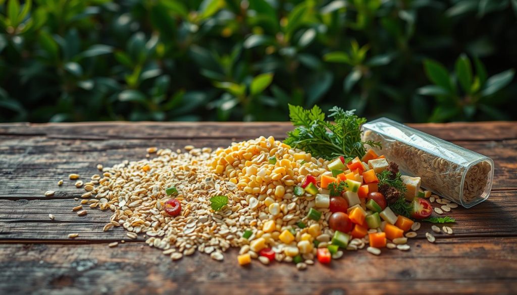 A rustic wooden table against a backdrop of lush green foliage, the surface adorned with an assortment of natural ingredients for a homemade carp bait. Earthy tones of oats, corn, and various grains intermingle, complemented by the vibrant hues of freshly chopped vegetables and herbs. The lighting is soft and natural, casting a warm glow across the scene, evoking a sense of tranquility and authenticity. The composition emphasizes the artisanal and handcrafted nature of the carp bait, conveying the traditional and time-honored techniques of Ukrainian anglers.