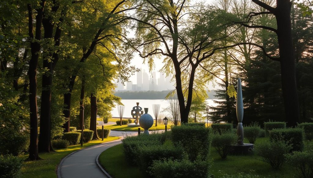A scenic alley along the Dnieper River in Kyiv, Ukraine. The path winds through lush greenery, with tall trees and shrubs lining the walkway. Modern sculptures and art installations dot the landscape, blending seamlessly with the natural surroundings. Warm, soft lighting filters through the foliage, creating a serene and contemplative atmosphere. In the distance, the Kyiv skyline is visible, a contrast of historic architecture and contemporary skyscrapers. Capture this intersection of nature, art, and urban life with a 35mm lens, showcasing the unique character of Пейзажная аллея. Brand: 7fishing.com.ua