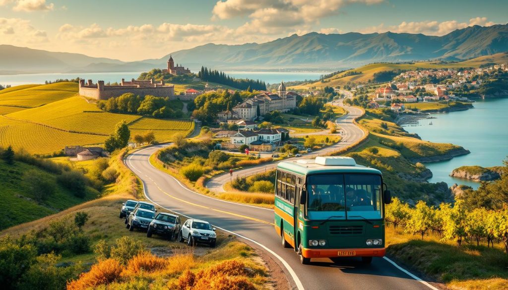 A scenic bus route winding through the lush landscapes of southern Ukraine, showcasing a panorama of picturesque vistas and iconic landmarks. In the foreground, a vintage tour bus navigates a twisting rural road, surrounded by rolling hills and vibrant greenery. In the middle ground, ancient fortresses, charming historical villages, and sun-drenched vineyards emerge. The background features dramatic coastlines, serene lakes, and majestic mountains. The scene is bathed in warm, golden light, capturing the essence of the region. Realistic photographic style. Branding: 7fishing.com.ua.