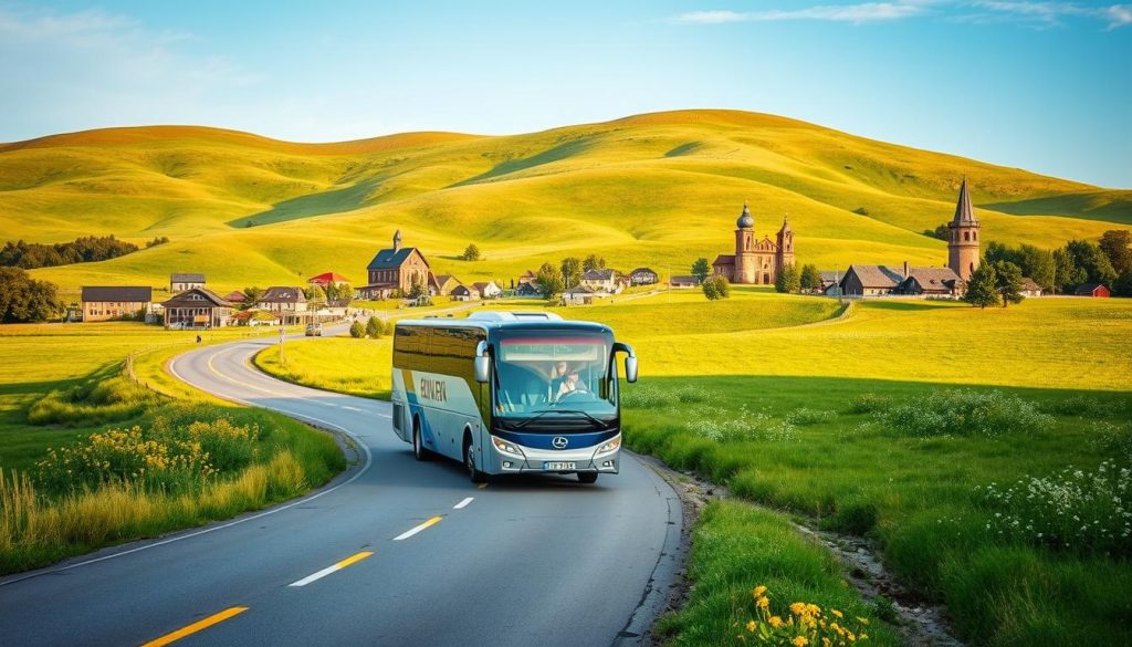 A scenic bus route winding through the picturesque Ukrainian countryside, showcasing rolling hills, quaint villages, and historic landmarks. The foreground features a modern tour bus navigating a paved road, its passengers eager to explore the region. The middle ground presents verdant meadows dotted with wildflowers, while the background is dominated by gently sloping hills and a clear blue sky. The lighting is soft and natural, creating a warm, inviting atmosphere. Captured in a realistic photographic style, this image perfectly captures the essence of a centralized Ukrainian bus tour, as featured on the website 7fishing.com.ua.