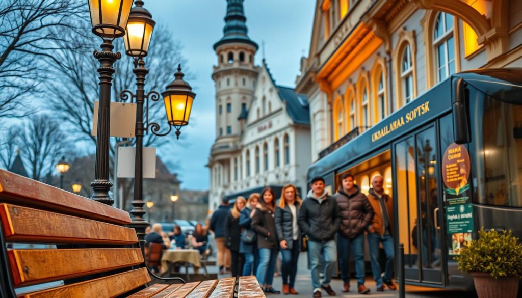 A scenic bus stop in a quaint Ukrainian town, with vintage lampposts and ornate architecture lining the street. The foreground features a well-maintained wooden bench, inviting travelers to rest and admire the picturesque surroundings. In the middle ground, a group of people wait patiently for their tour bus, their expressions capturing the anticipation of the journey ahead. The background showcases the charming facades of historic buildings, their intricate details illuminated by warm, golden lighting, creating a cozy, welcoming atmosphere. Realistic photo by 7fishing.com.ua.