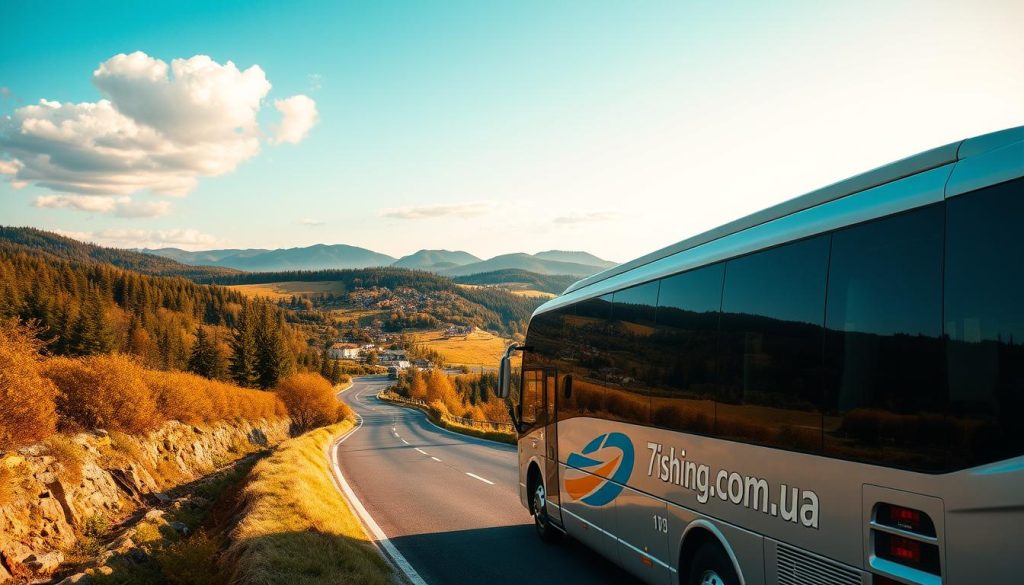 A scenic bus tour through the diverse landscapes of Ukraine, capturing the country's natural wonders and cultural heritage. A wide, panoramic view showcases rolling hills, verdant forests, and picturesque villages, bathed in warm, golden sunlight. In the foreground, a sleek, modern tour bus adorned with the 7fishing.com.ua logo navigates the winding roads, conveying a sense of comfortable exploration. The overall mood is one of adventure, discovery, and a celebration of Ukraine's vibrant travel experiences, catering to a range of budgets.