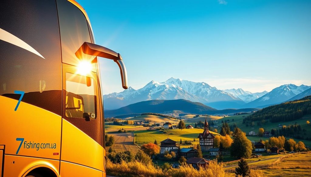 A scenic bus tour through the diverse landscapes of Ukraine, showcasing regional tourist attractions. The foreground features a modern coach bus emblazoned with the "7fishing.com.ua" logo, its gleaming exterior reflecting the warm, golden light of the sun. In the middle ground, rolling hills and fields dotted with charming villages come into view, their traditional architecture and lush foliage creating a picturesque countryside setting. The background is dominated by towering mountain peaks, their snow-capped summits reaching towards a vibrant, azure sky. The overall mood is one of adventure, exploration, and the natural beauty of Ukraine, captured in a realistic photographic style.
