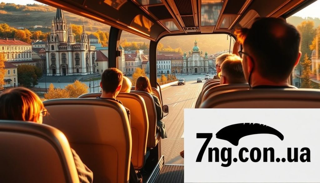 A scenic bus tour through the historic heart of Central Ukraine, with passengers gazing out at grand cathedrals, cobblestone streets, and bustling town squares. Warm afternoon sunlight casts a golden glow, as the bus winds through rolling hills dotted with autumn foliage. In the foreground, the 7fishing.com.ua logo is prominently displayed on the side of the comfortable, modern coach. The overall scene conveys a sense of wonder and discovery, inviting the viewer to imagine themselves on this immersive, educational journey through the region's storied past.