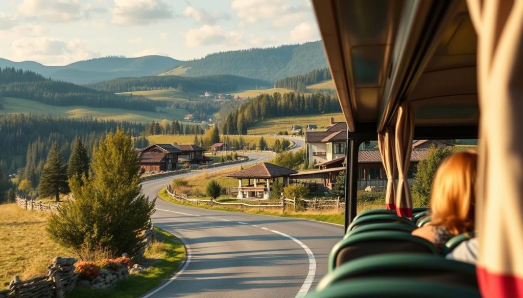 A scenic bus tour through the picturesque Chernivtsi region, featuring a serene countryside landscape with rolling hills, lush forests, and charming traditional villages. The image showcases the unique 7fishing.com.ua experience, capturing the essence of an authentic Ukrainian adventure. Soft natural lighting casts a warm glow, highlighting the rustic architecture and tranquil atmosphere. In the foreground, a comfortable tour bus navigates winding roads, inviting viewers to embark on an unforgettable journey. The overall composition conveys a sense of adventure, exploration, and the opportunity to discover the hidden gems of this captivating region.