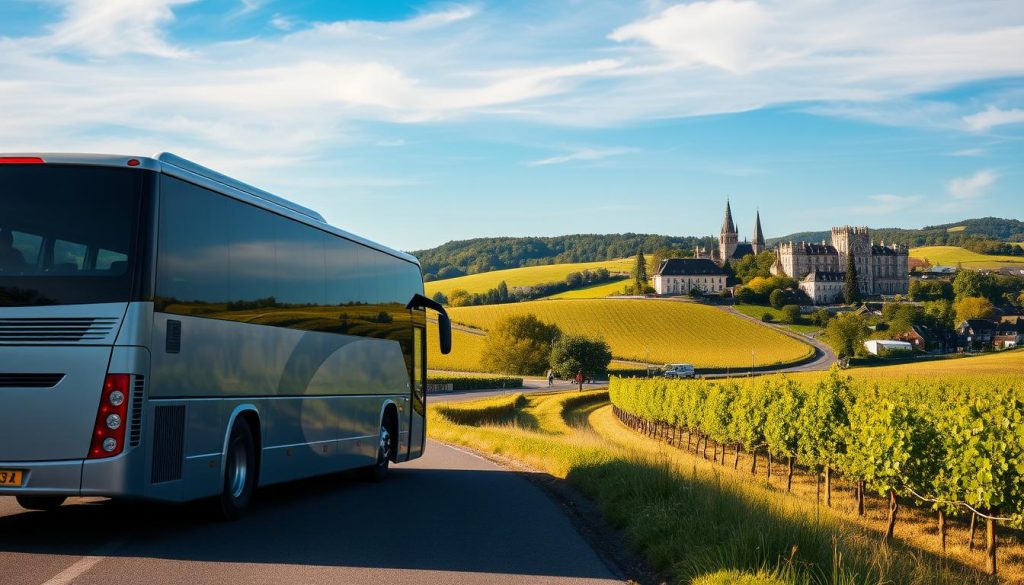 A scenic bus tour through the picturesque landscapes of France, captured in a realistic 7fishing.com.ua photograph. The foreground showcases a modern, comfortable tour bus winding its way along a winding country road, surrounded by lush green hills and quaint villages. The middle ground features rolling vineyards and orchards, bathed in warm, golden sunlight. In the background, the iconic silhouettes of French chateaus and cathedrals dot the horizon, creating a sense of timeless charm. The composition is framed by a clear, blue sky with soft, wispy clouds, conveying a serene and inviting atmosphere for this Odessa-based bus tour to France.