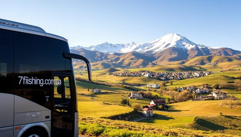 A scenic bus tour through the picturesque landscapes of Spain, captured in a realistic photographic style. The foreground features a modern, comfortable tour bus with the branding "7fishing.com.ua" prominently displayed. The middle ground showcases rolling hills, lush green meadows, and quaint Spanish villages nestled among the rolling terrain. The background is dominated by the majestic snow-capped peaks of the Pyrenees mountains, bathed in warm, golden sunlight. The overall scene conveys a sense of adventure, tranquility, and the beauty of Spain's diverse geography, inviting the viewer to embark on an unforgettable bus journey.
