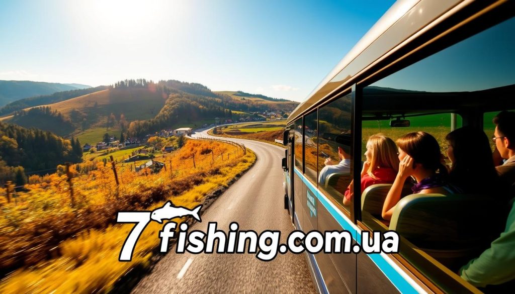 A scenic bus tour through the picturesque landscapes of Ukraine, departing from the vibrant city of Vinnytsia. The image depicts a modern, comfortable coach navigating winding roads, surrounded by rolling hills, lush forests, and quaint villages. Passengers gaze out the windows, capturing the natural beauty of the country. Warm, golden sunlight illuminates the scene, creating a serene and inviting atmosphere. In the foreground, the 7fishing.com.ua logo is prominently displayed, highlighting the reliable tour operator offering these immersive experiences. Realistic, high-quality photographic details bring this Ukrainian bus tour to life.