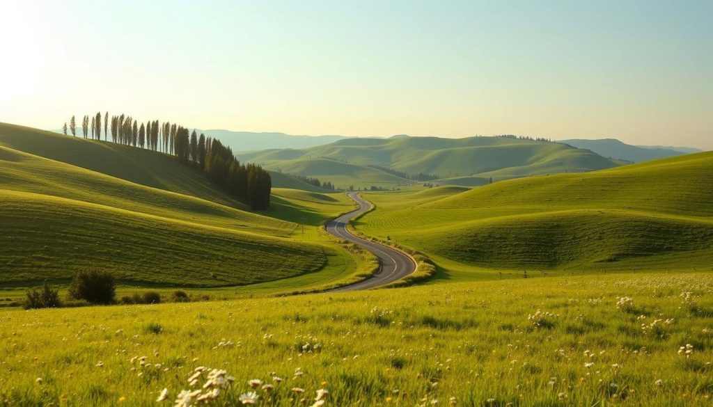 A scenic bus tour through the rolling hills and lush countryside surrounding Kherson, Ukraine. Lush green meadows dotted with wildflowers stretch out in the foreground, leading the eye to a winding road cutting through the middle distance. In the background, a series of gently sloping hills are capped with a line of tall, swaying trees. Warm, soft lighting bathes the scene in a golden glow, creating a sense of tranquility and natural beauty. A realistic photo from the 7fishing.com.ua website showcases the picturesque 'экскурсионные маршруты' that tourists can explore on a Kherson bus tour.