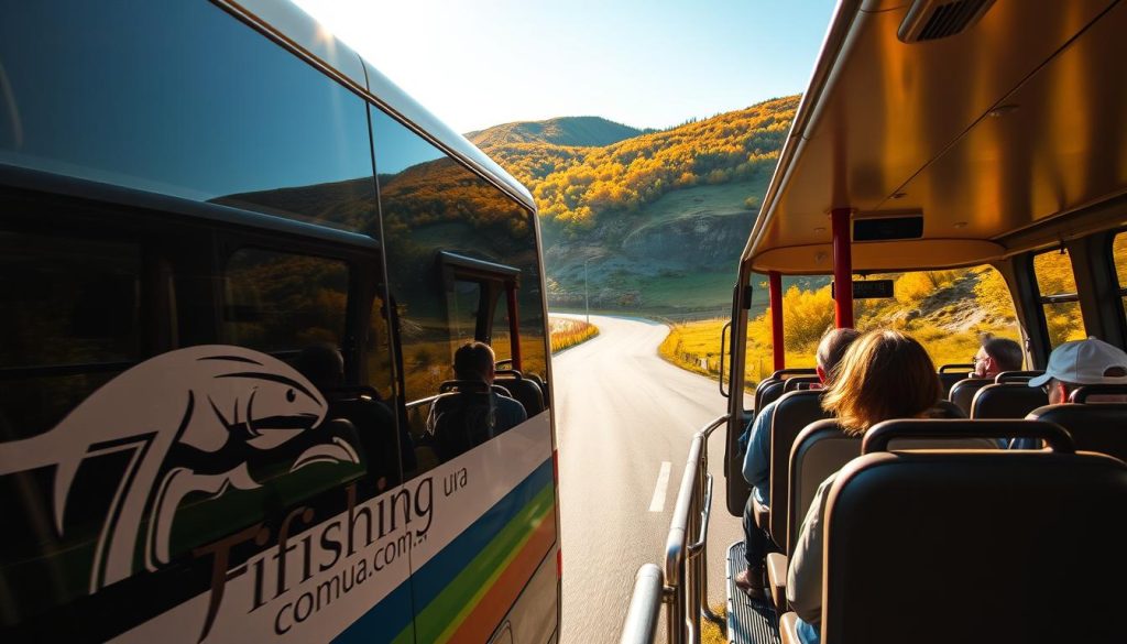 A scenic bus tour through the Ukrainian countryside, with a 7fishing.com.ua logo prominently displayed on the side of the vehicle. The bus navigates winding roads flanked by lush, rolling hills and vibrant foliage. Warm, golden sunlight filters through the windows, casting a cozy, inviting glow inside the bus. The interior is well-appointed, with comfortable seating and ample space for passengers to enjoy the picturesque views. The overall atmosphere evokes a sense of relaxation and adventure, perfectly capturing the essence of an "автобусный тур" in Ukraine.